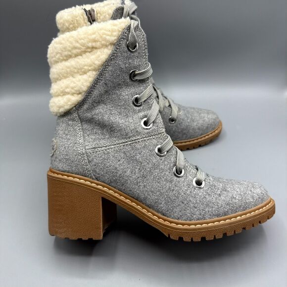 ROXY Shoes - Roxy Women’s Gray Lace-Up Zip Ankle Boots Faux Shearling Lined Block Heel Size 8